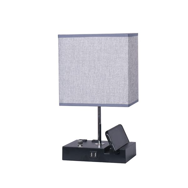 plastic-table-lamp-2USB-phone-holder--size-8x10x16-H-on-off-switch-in-base---shade-size--8x10x9-grey-linen-rectangle-shade